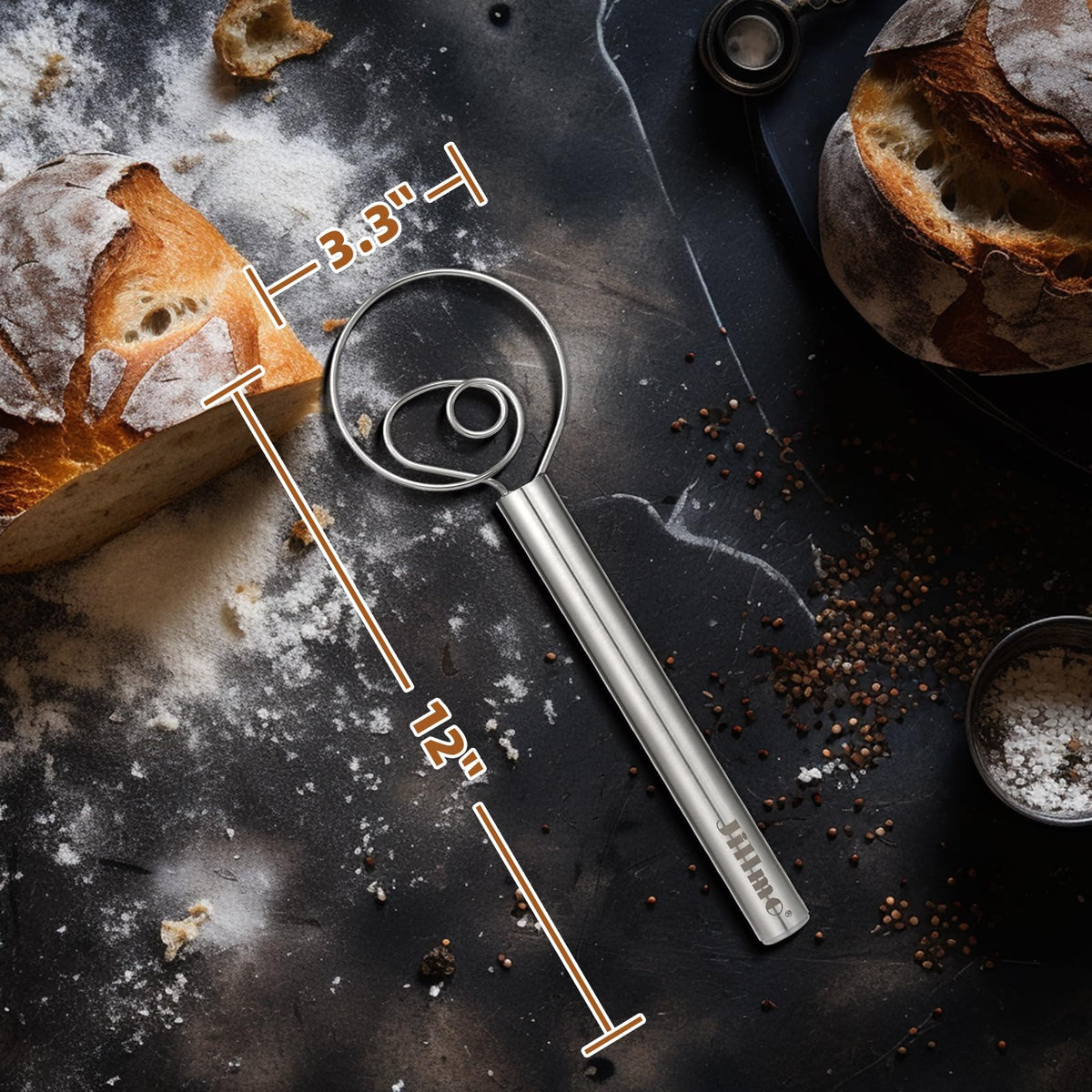 Jillmo Danish Dough Whisk features rust-proof stainless steel construction