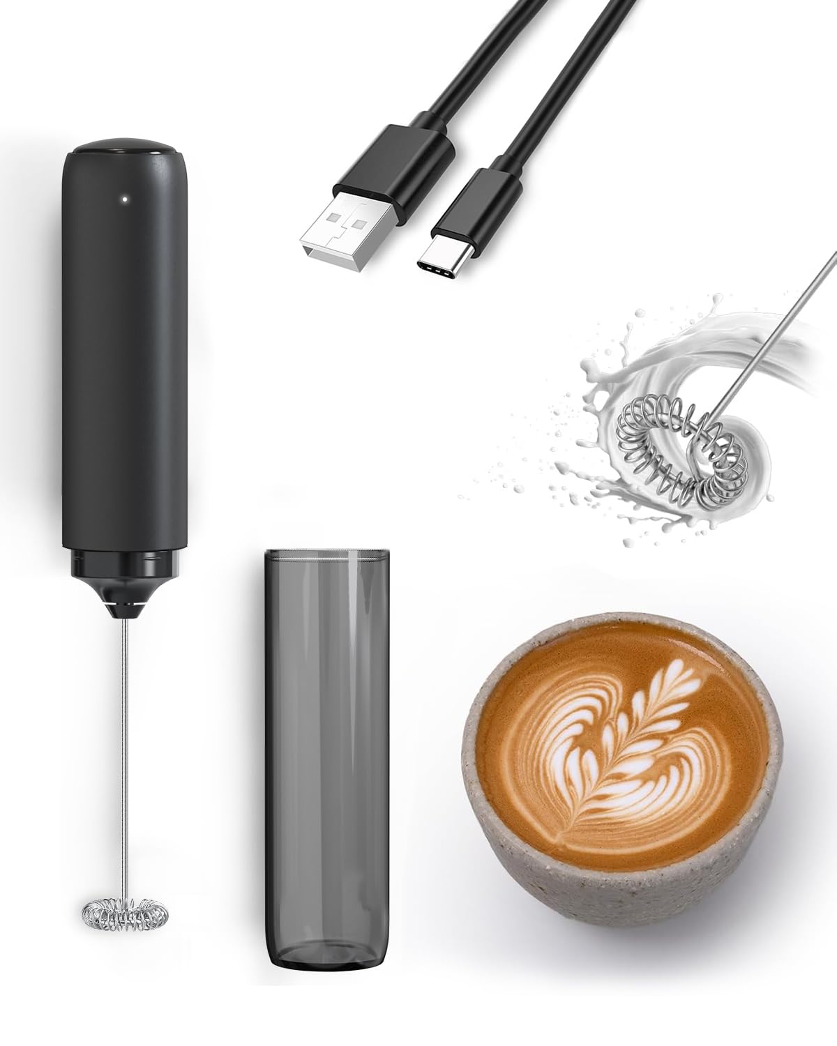 JIMYIU rechargeable milk frother charging for on-the-go use.