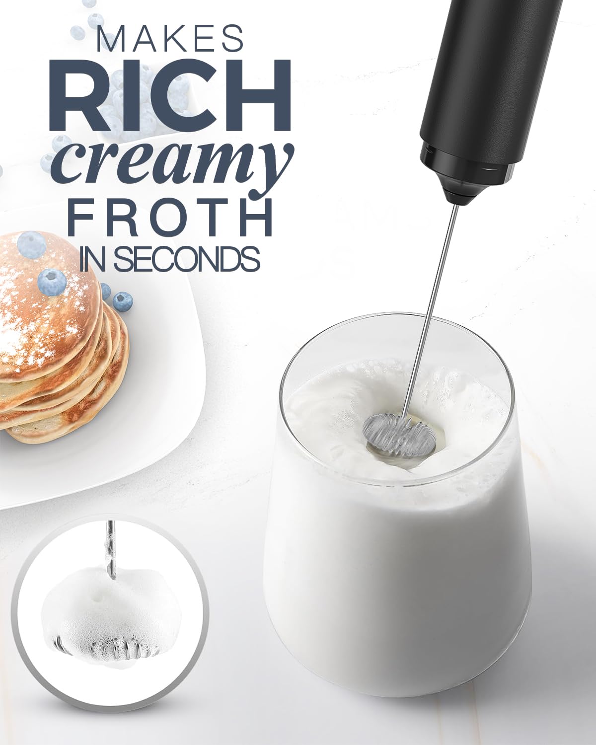 JIMYIU frother in action creating creamy froth in seconds.