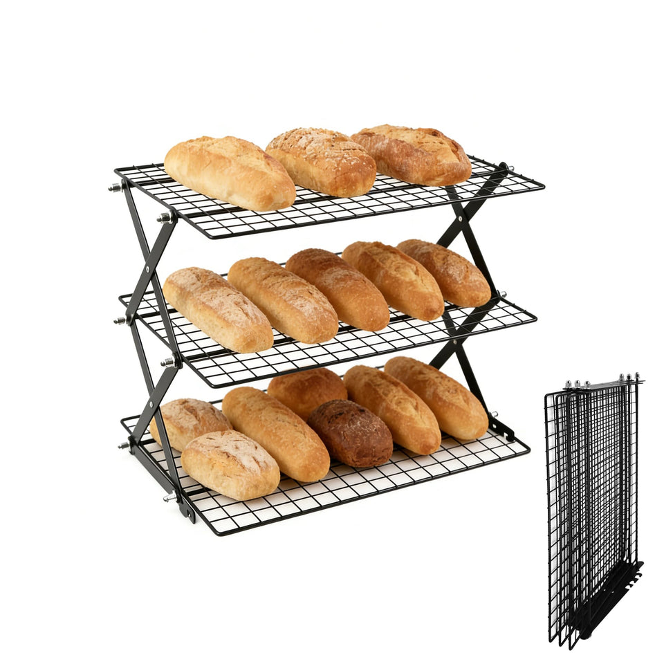 JINANJUNGU 3-tier assembled cooling rack shows sturdy, space-saving design for busy kitchens.