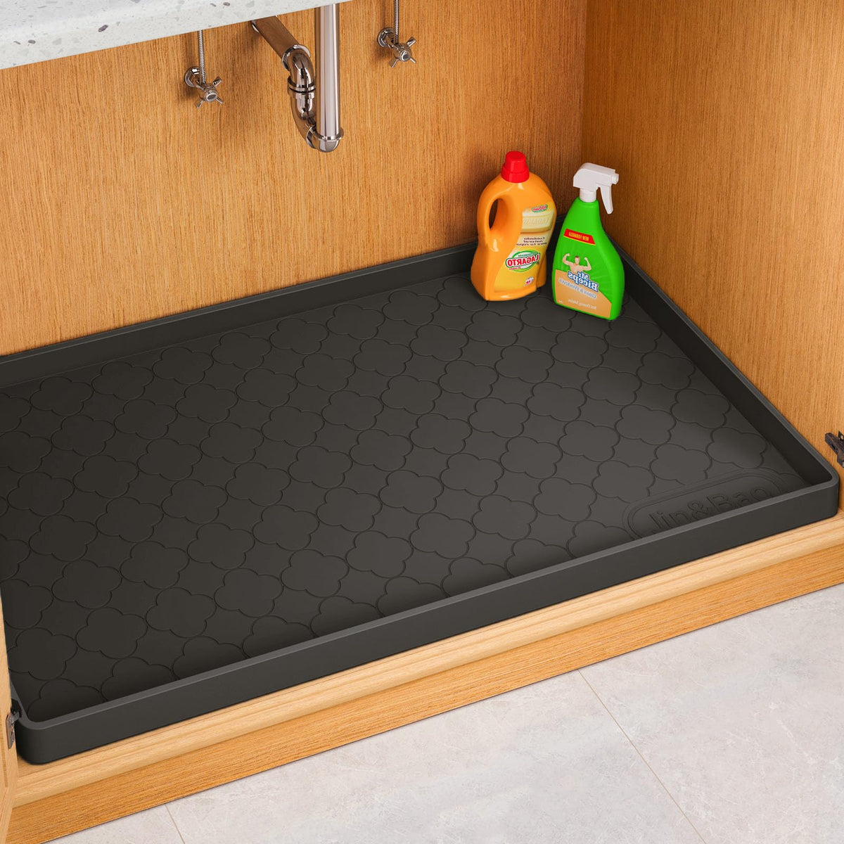 Jin&Bao under-sink mat 34x22 protects cabinets from leaks and spills.