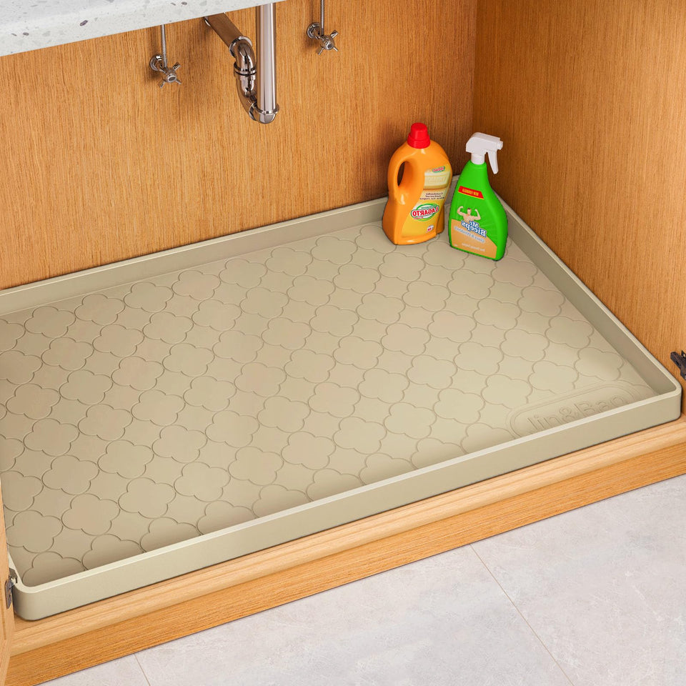 Jin&Bao under-sink mat 34x22 with raised edge protecting cabinets from spills