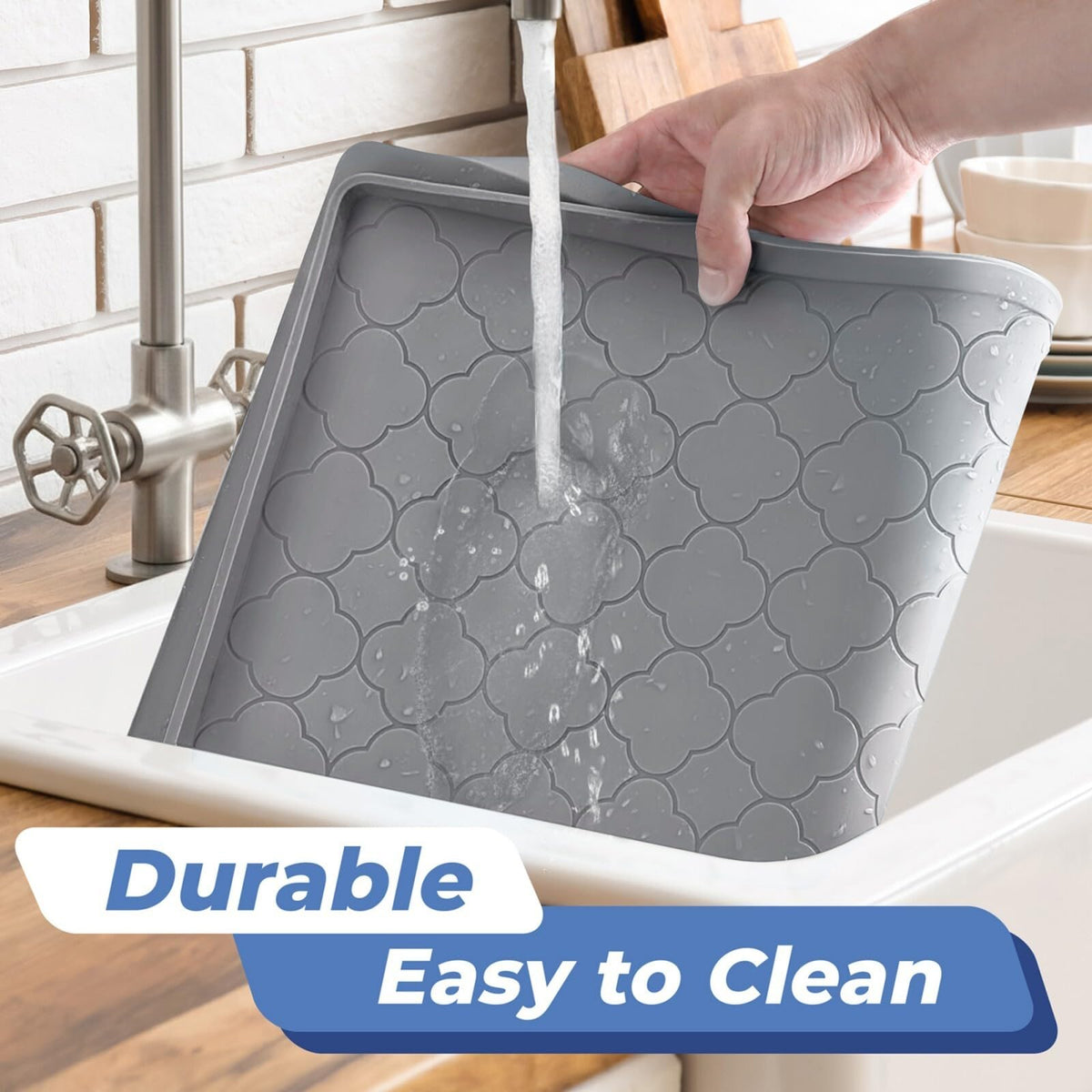 Jin&Bao under sink mat provides a drying surface for gadgets and bathroom essentials.