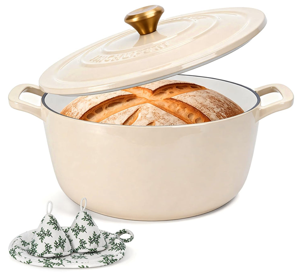 JINCHUFURI 5 qt enameled Dutch oven with lid on, even heating for family meals