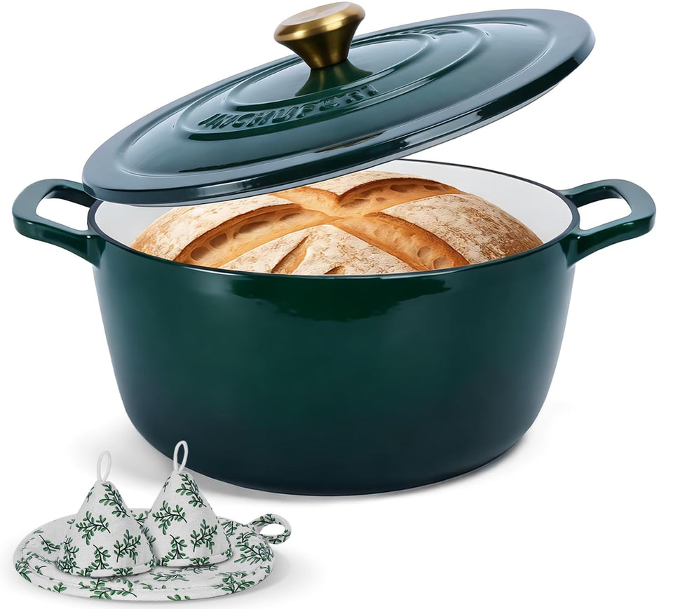 JINCHUFURI 5.2 qt enameled dutch oven on stovetop with even heat distribution