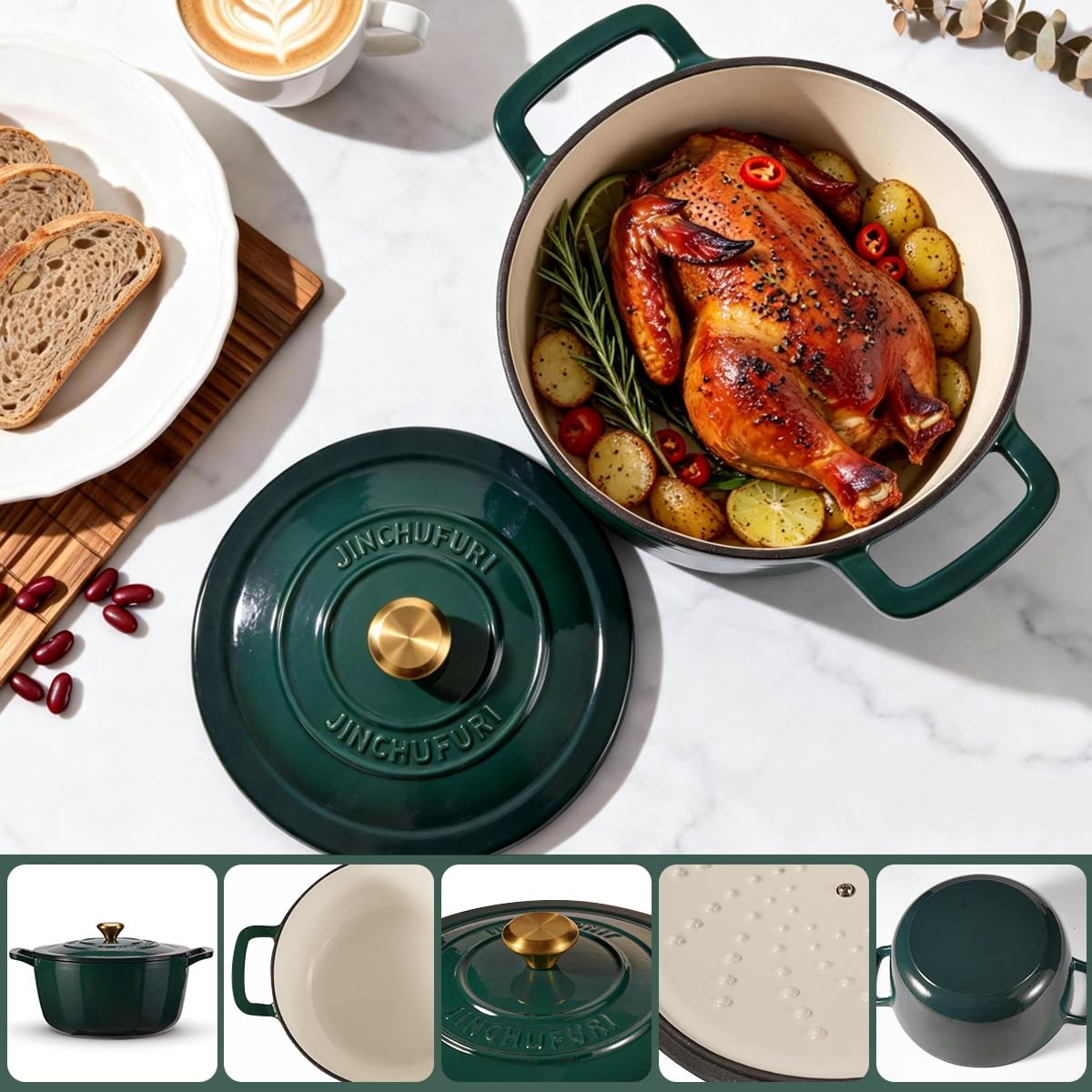 JINCHUFURI dutch oven with lid off showing secure dual handles for easy transfer