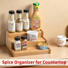 JinDoWin tiered spice rack design maximizes vertical storage in a compact cabinet.