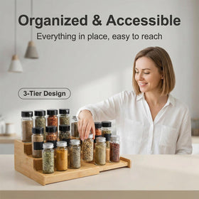 JinDoWin bamboo spice rack emphasizes durable natural material.