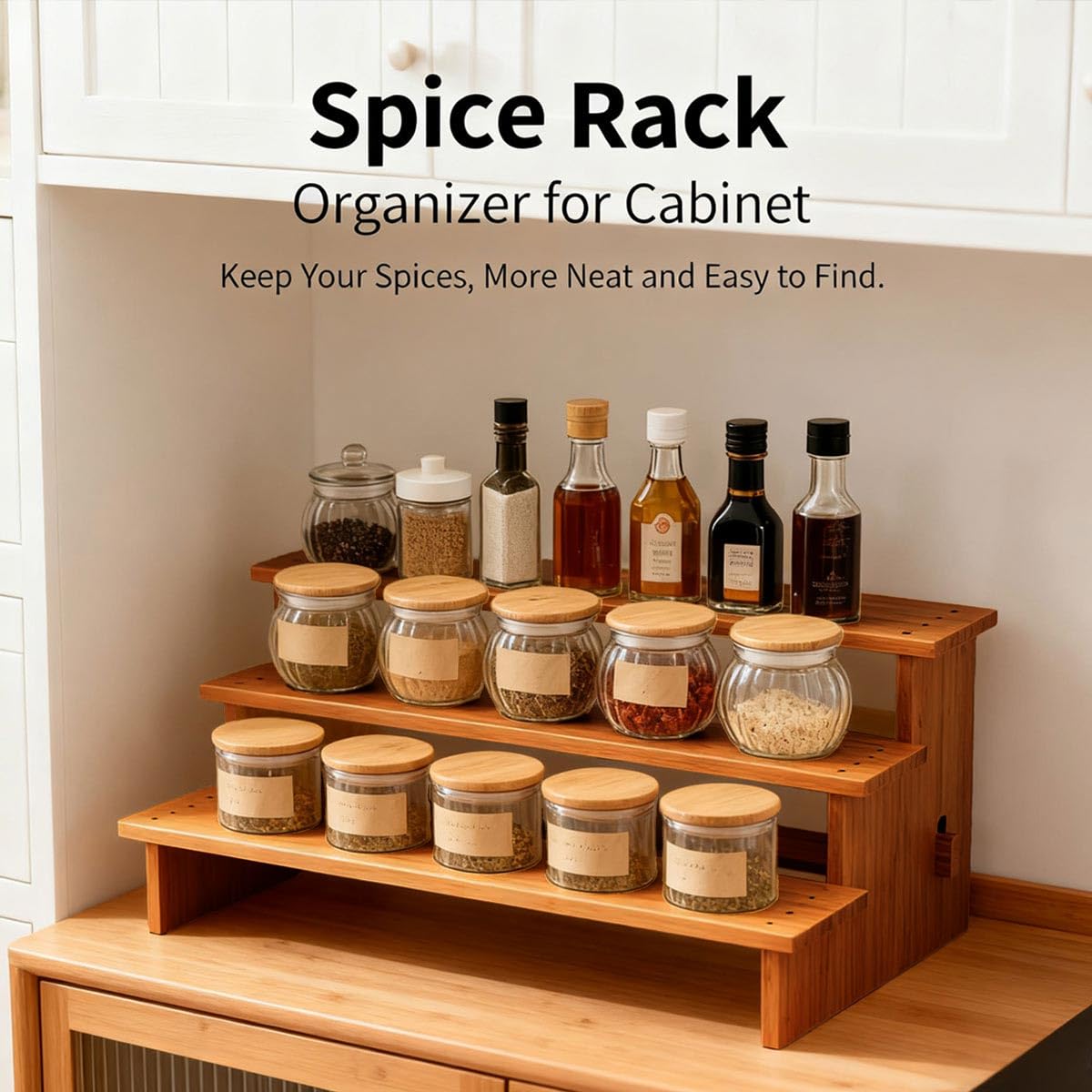 JinDoWin cabinet spice organizer 3-tier structure highlights vertical storage for multiple jars