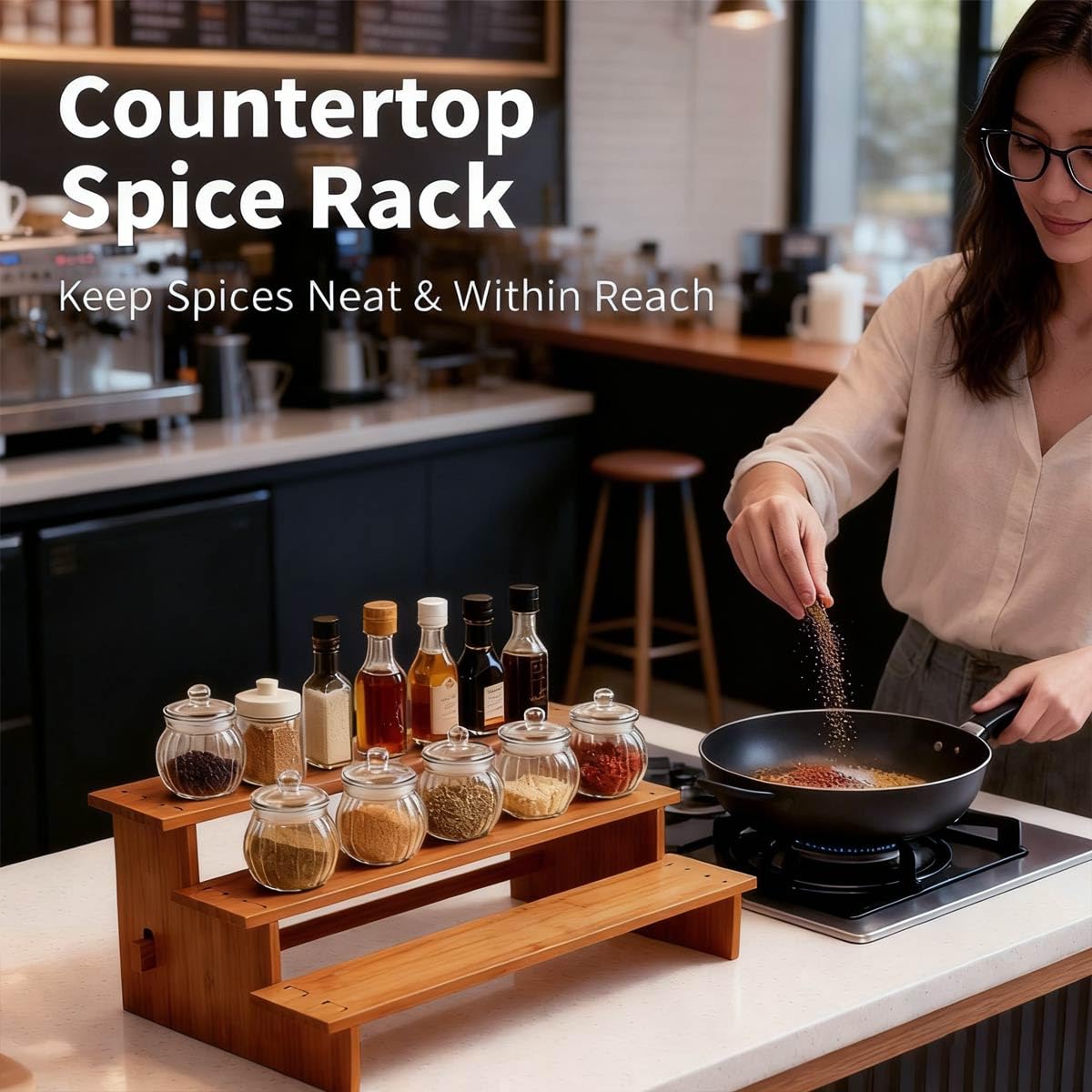 JinDoWin cabinet spice organizer countertop ready shown next to stove for easy access