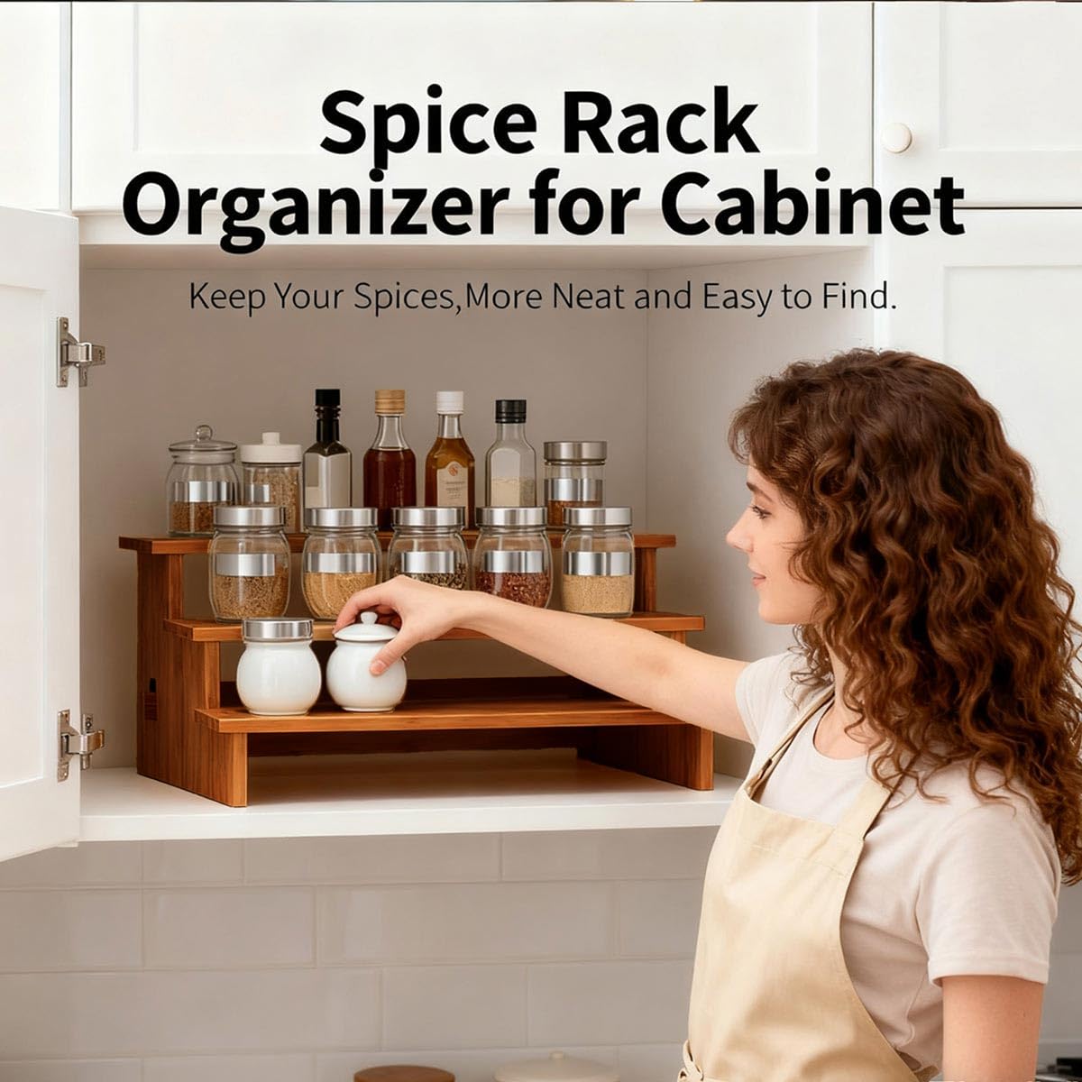 JinDoWin cabinet spice organizer wide shelves for large spice jars keep contents accessible