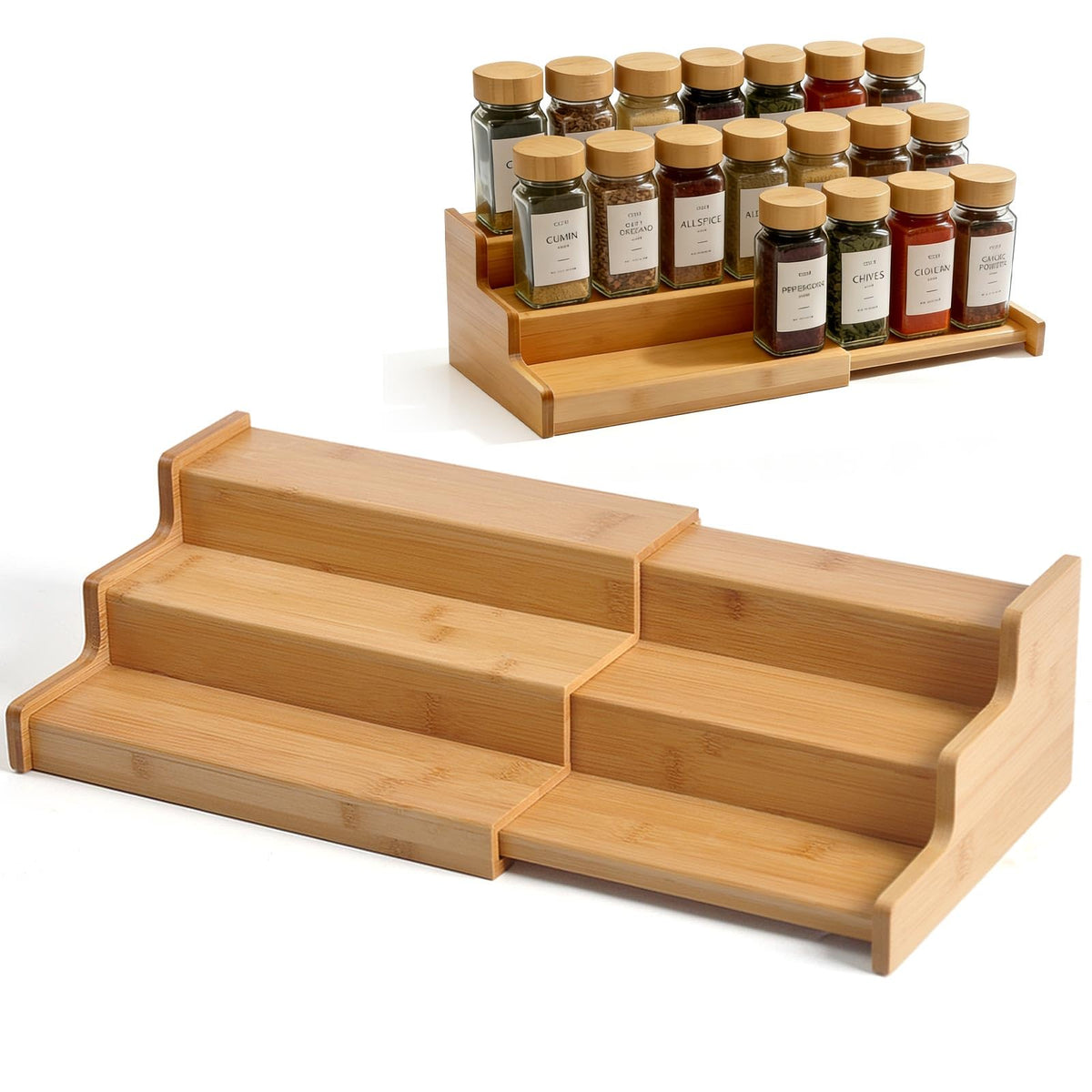 JinDoWin spice rack on bamboo countertop keeps spices organized and accessible.