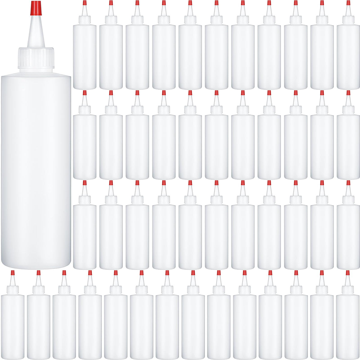 Jinei 60-pack 8oz squeeze bottle with red cap showing leak-proof design for sauces and condiments