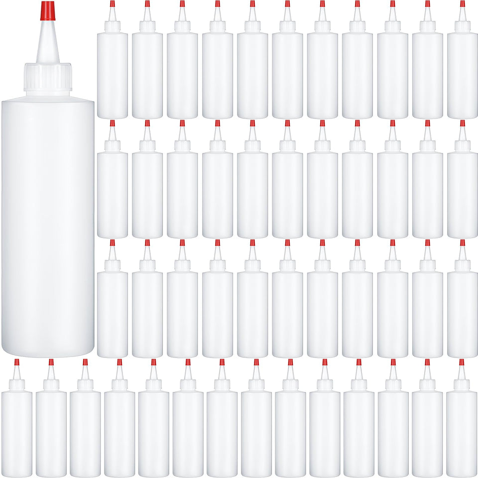 Jinei 60-pack 8oz squeeze bottle with red cap showing leak-proof design for sauces and condiments