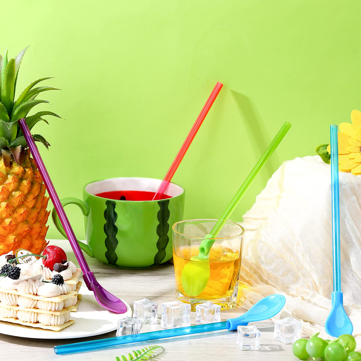 Jinei colorful reusable straws made with ABS spoon and PP straw for durability