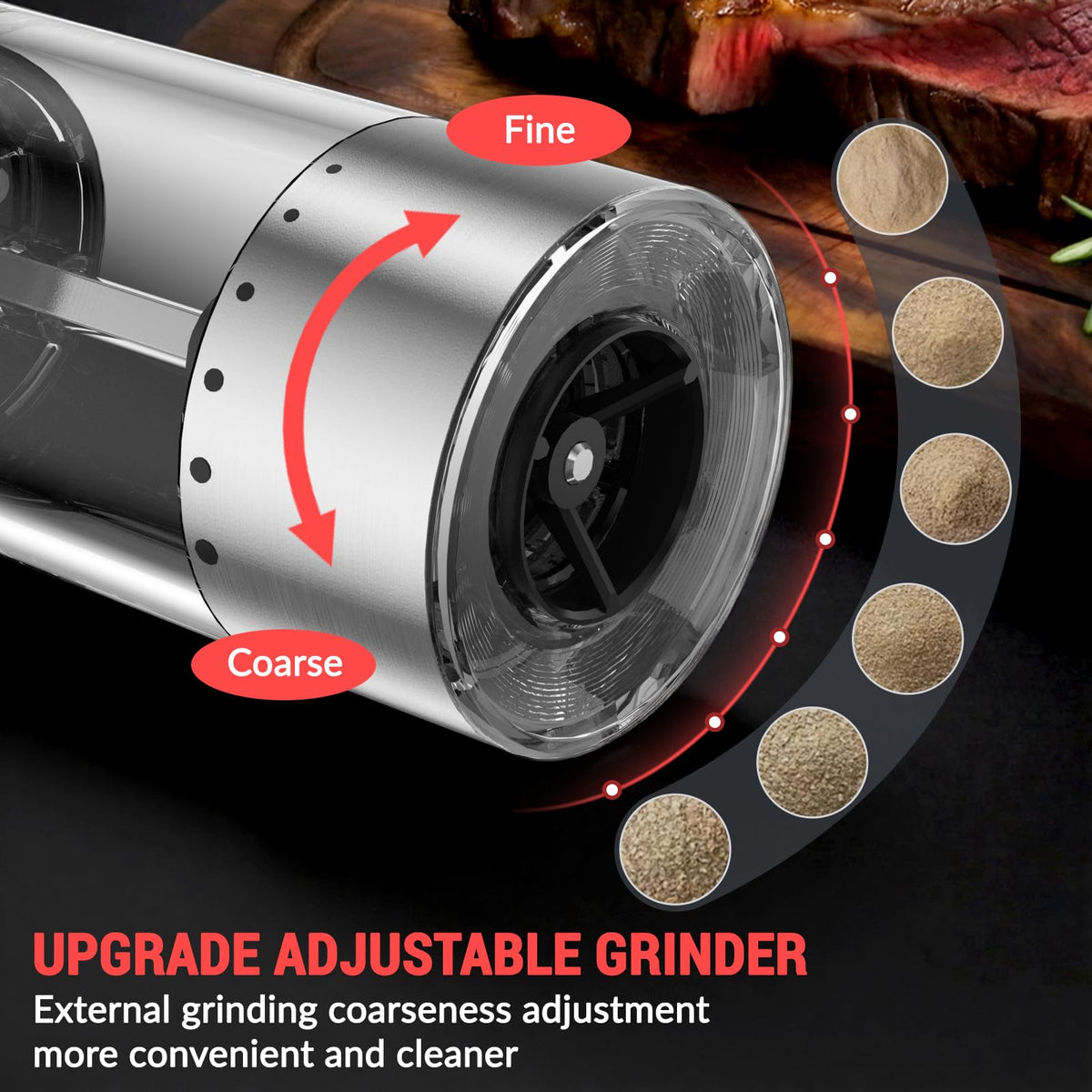 JINGASA one-touch grinder with LED light for precise seasoning in low light.