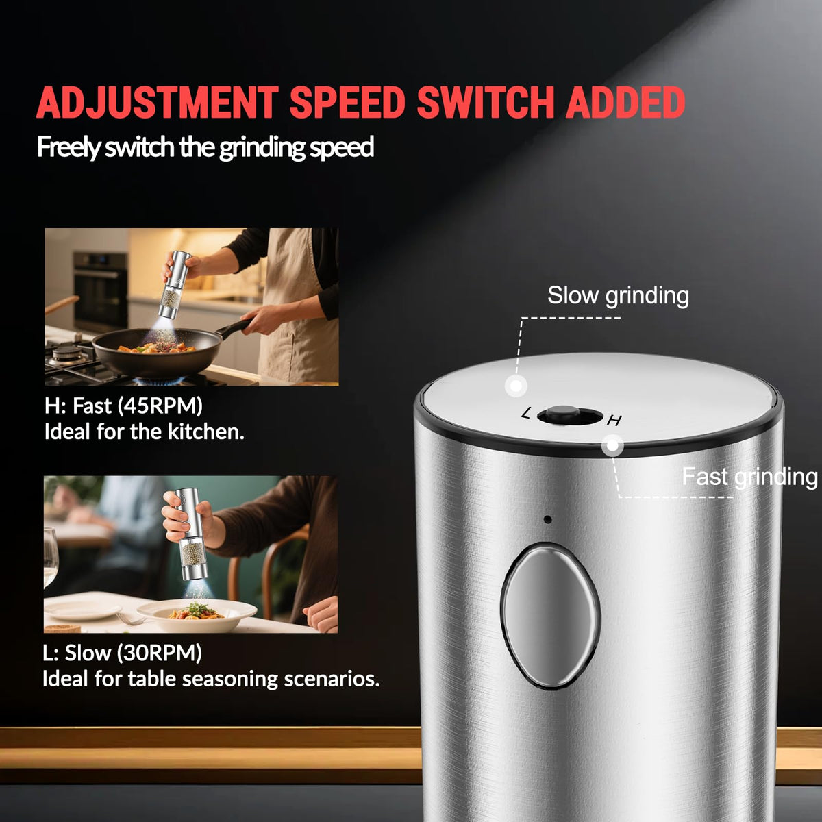 JINGASA stainless steel body and transparent container for easy seasoning monitoring.