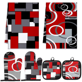 Jingmore geometric kitchen towels red and black for absorbent drying and counter cleanup.