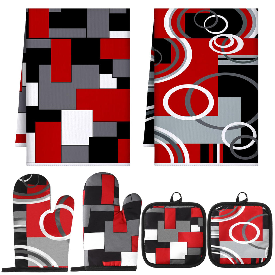 Jingmore geometric kitchen towels red and black for absorbent drying and counter cleanup.
