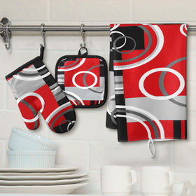 Jingmore pot holders red and black insulate hands when handling hot bakeware.