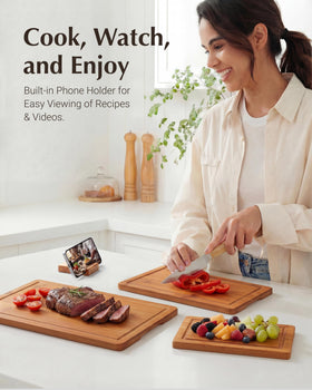 JINGNING bamboo cutting board with built-in phone holder for hands-free cooking