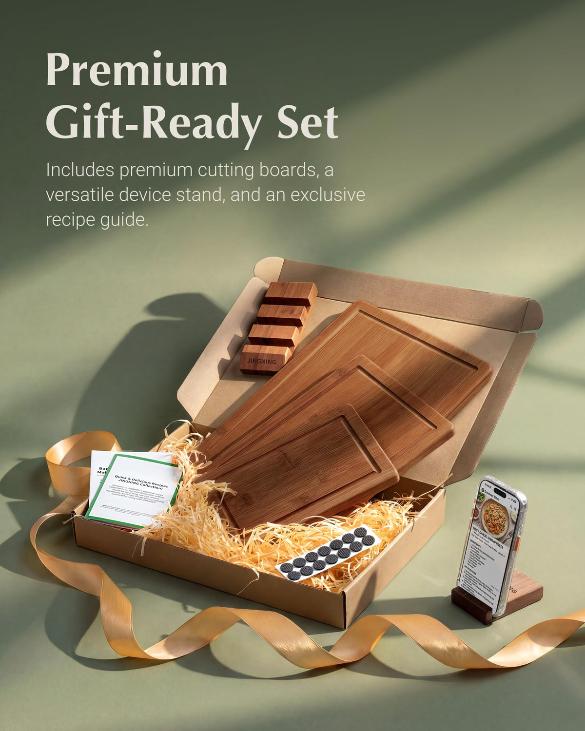 JINGNING deep-carbonized bamboo cutting board 12x8 on stand