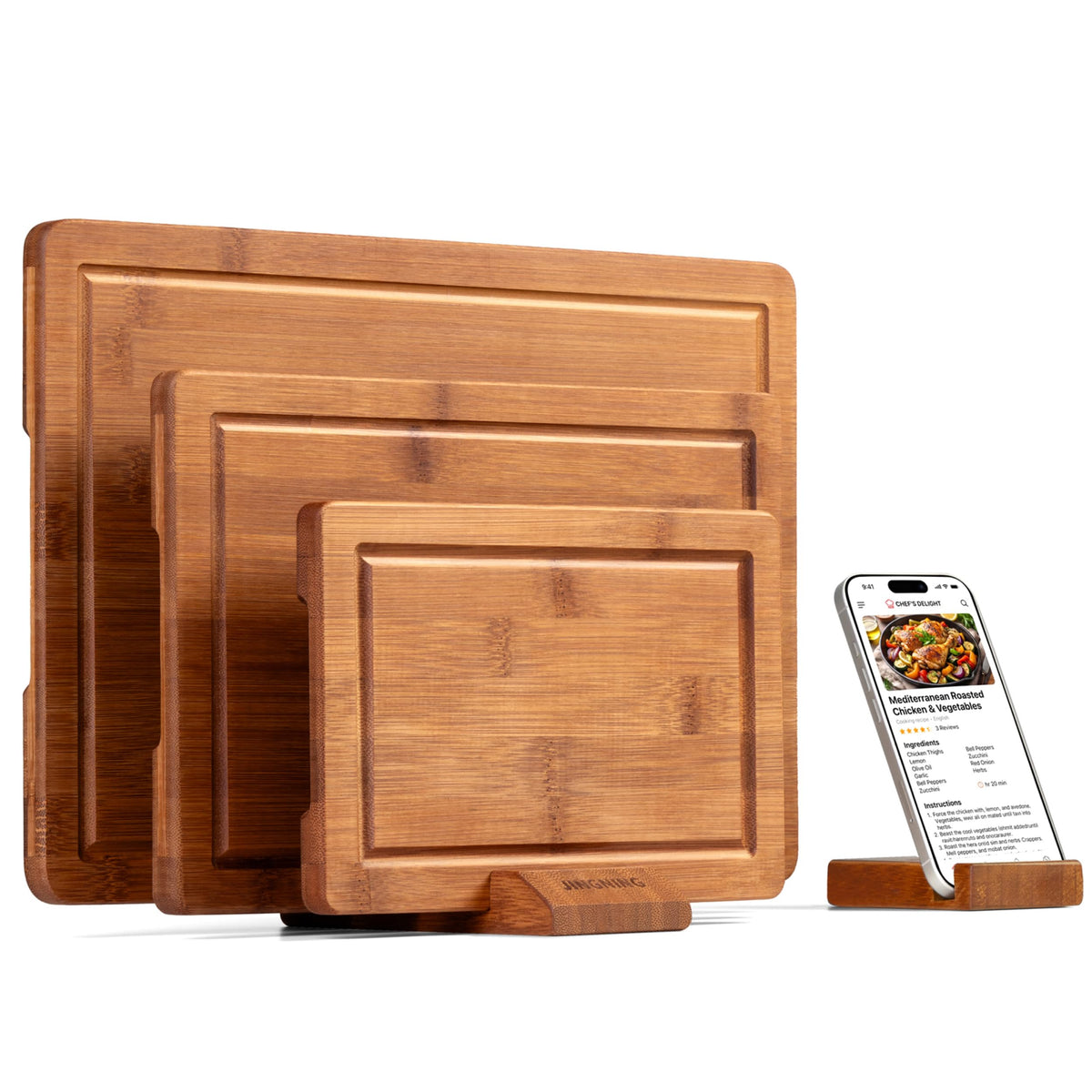 JINGNING deep-carbonized bamboo cutting board 15x10 on stand for organized prep
