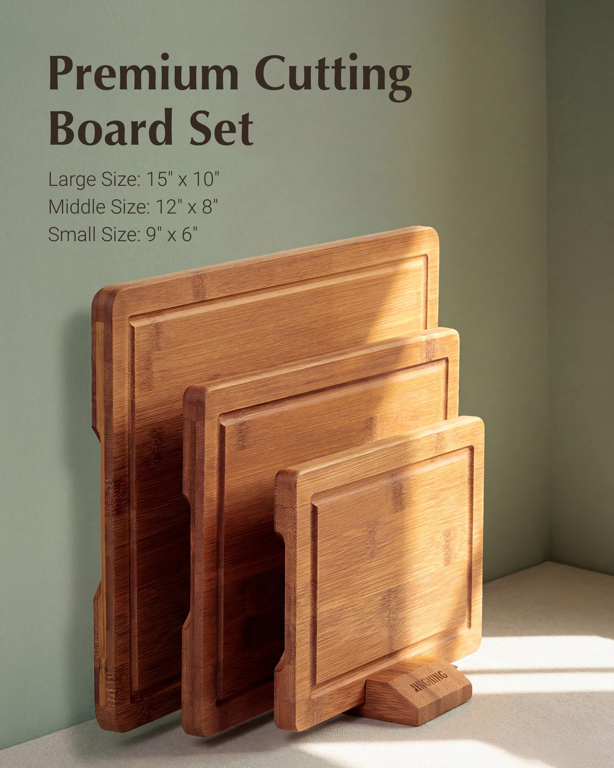 JINGNING deep-carbonized bamboo cutting board 9x6 on stand