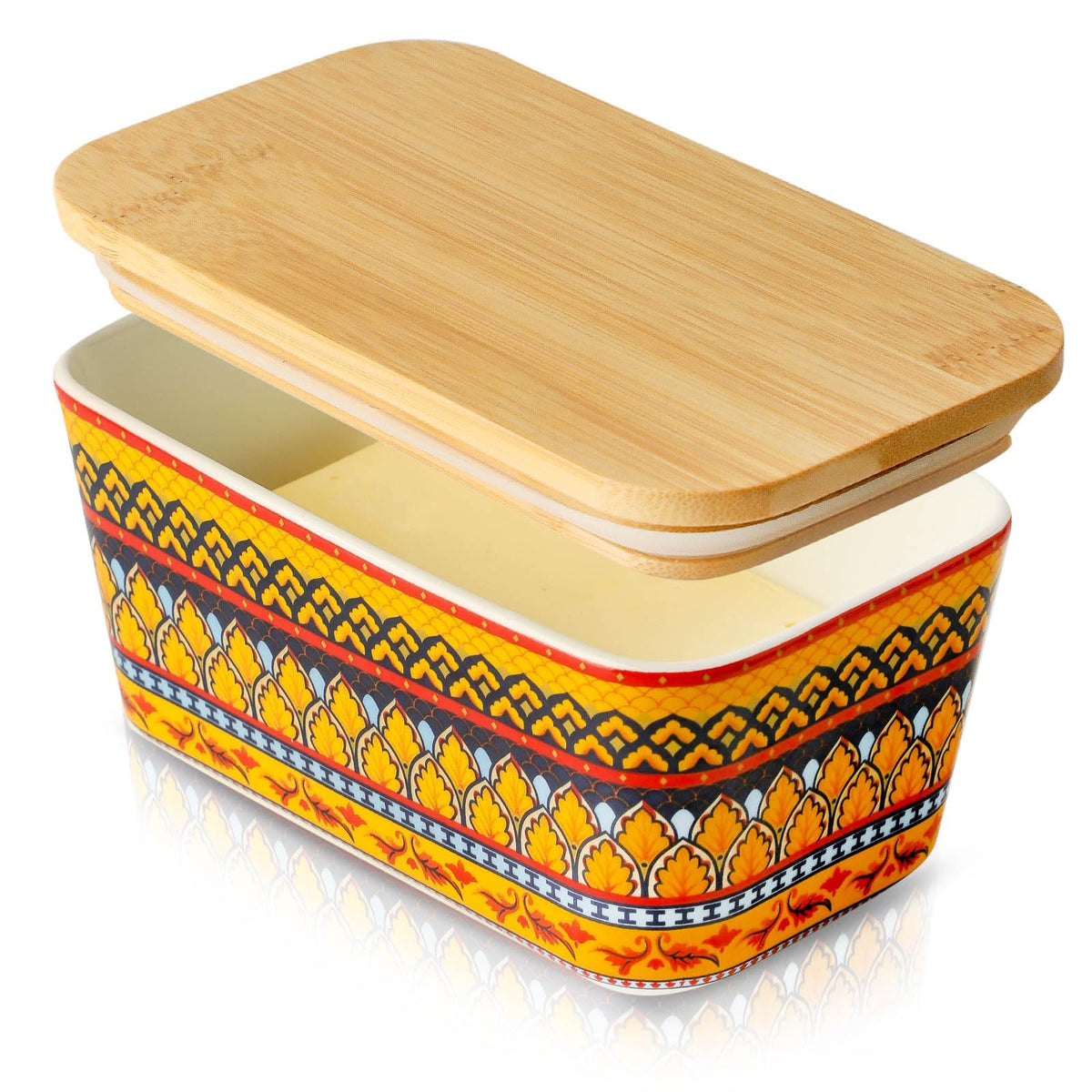 JINGUS butter dish with large ceramic body and vibrant bohemian pattern.