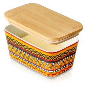 JINGUS butter dish with large ceramic body and vibrant bohemian pattern.