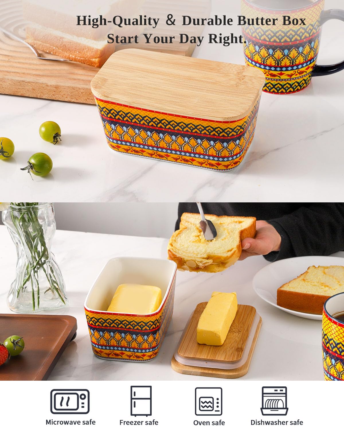 JINGUS butter dish lid with bamboo cover and silicone seal.