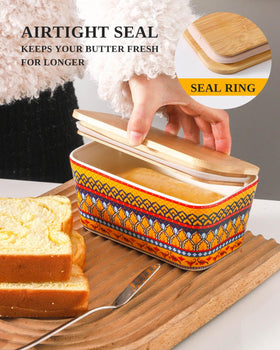JINGUS butter dish in bright yellow bohemian decor on kitchen counter.