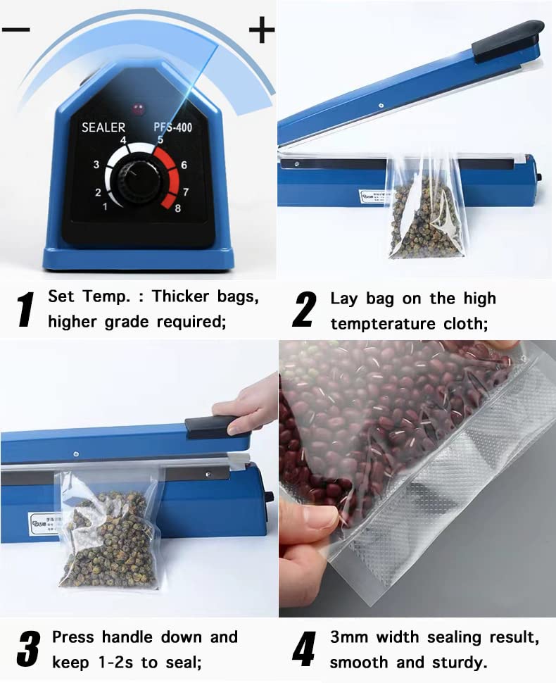 Sealer displaying bag-type compatibility for plastic, Mylar, and kraft bags.