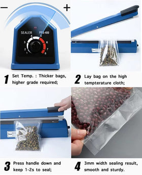 Sealer displaying bag-type compatibility for plastic, Mylar, and kraft bags.