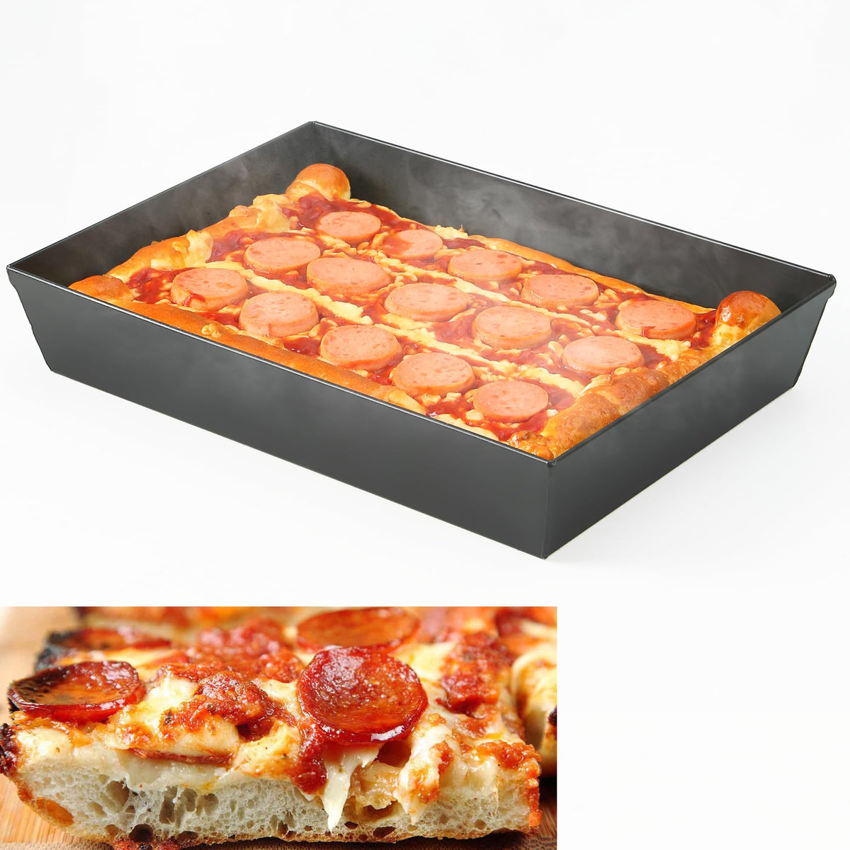 Jisculo Detroit-style pizza pan front view with deep edges for thick crust.