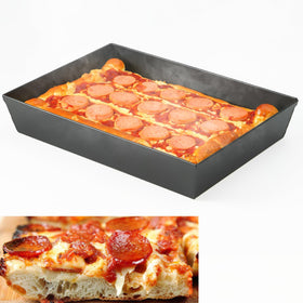 Jisculo Detroit-style pizza pan front view with deep edges for thick crust.