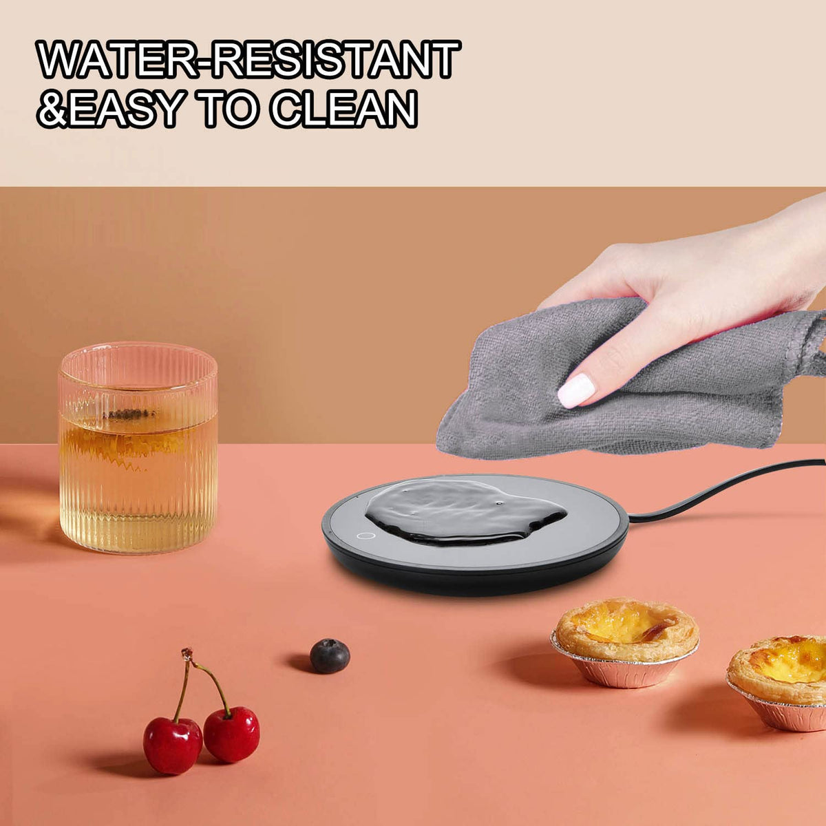 Jisile Coffee Mug Warmer on desk demonstrates compact footprint saving space.