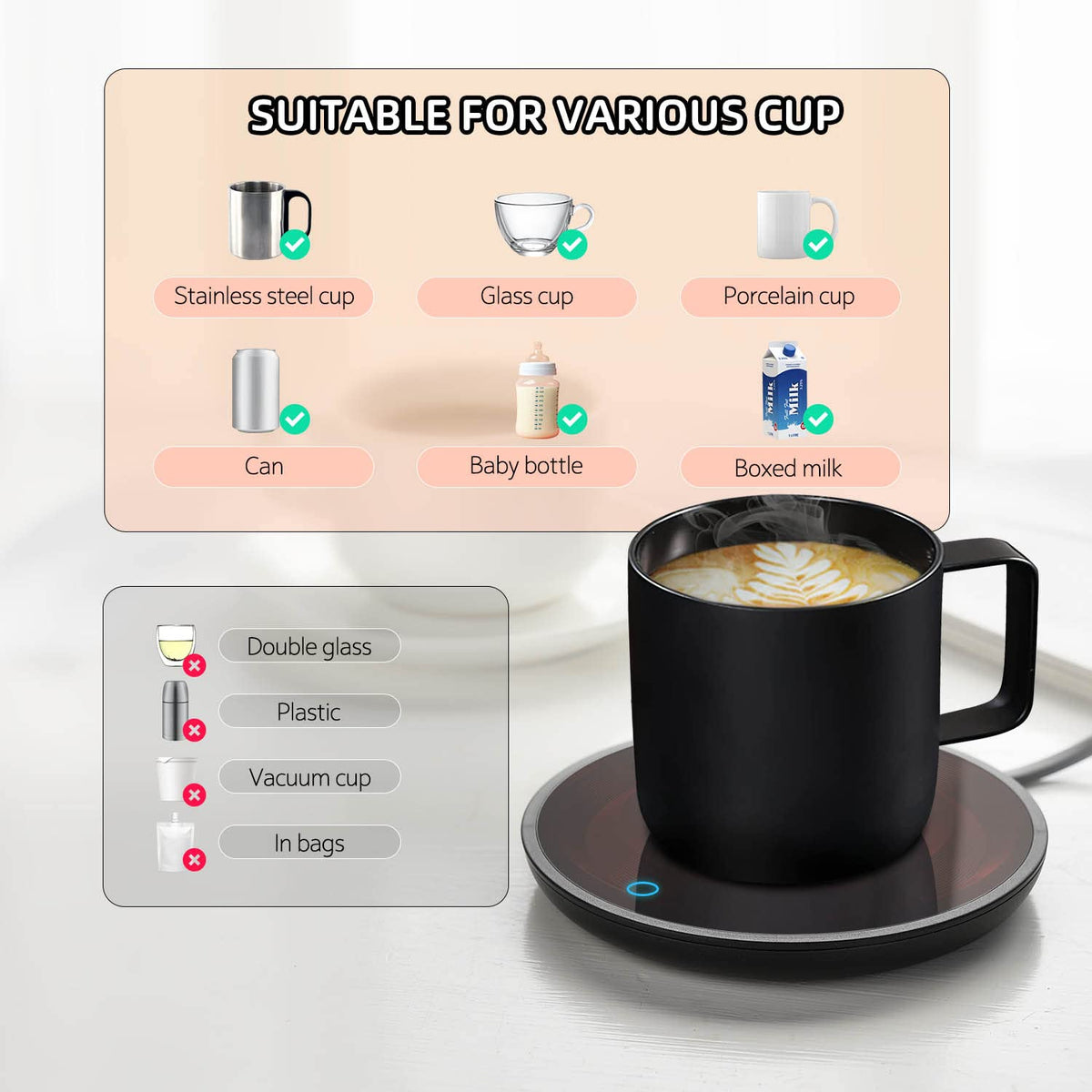 Jisile Coffee Mug Warmer glass top clean design for quick wipe-down after busy days.