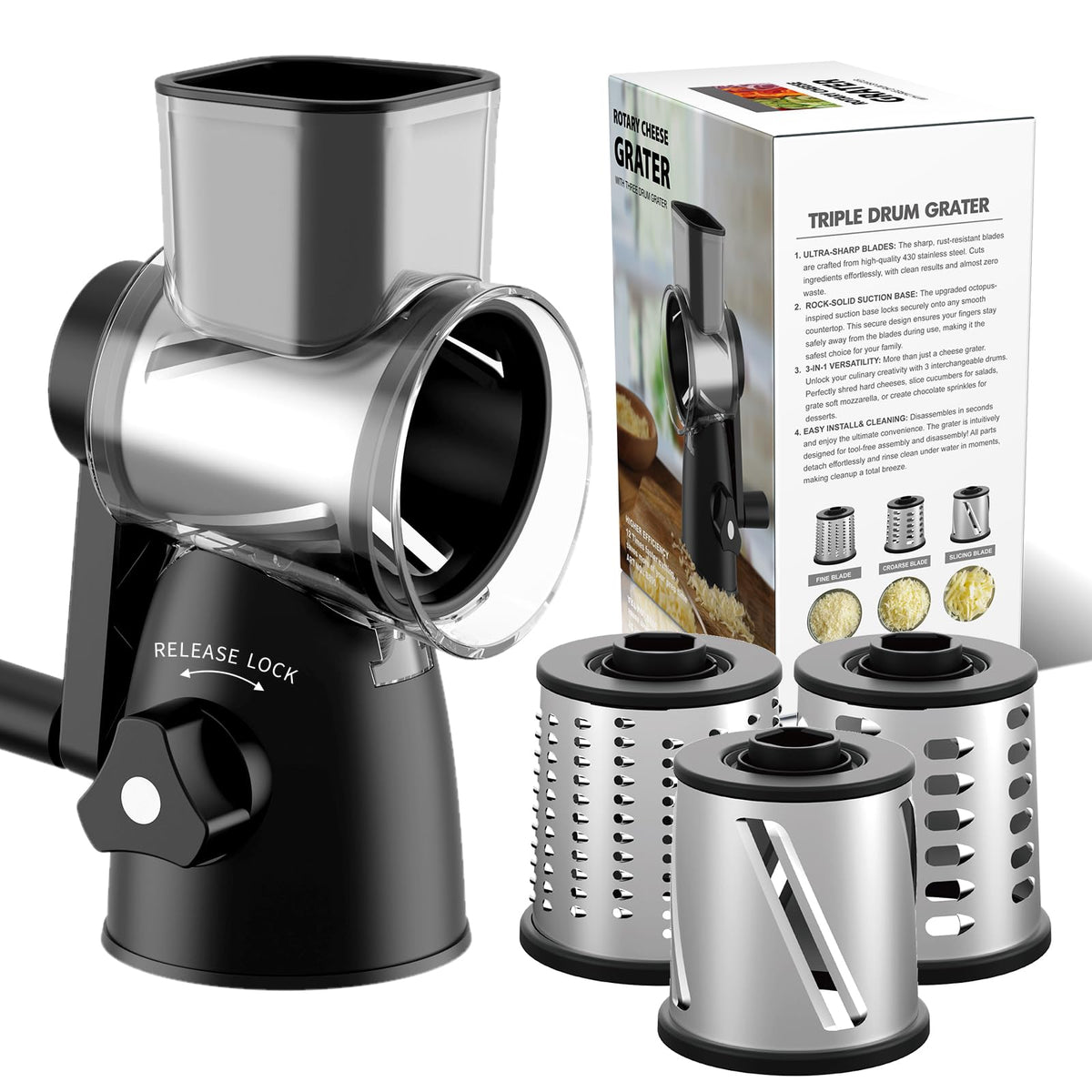 JIUMEXES rotary cheese grater with three-in-one blades for versatile prep