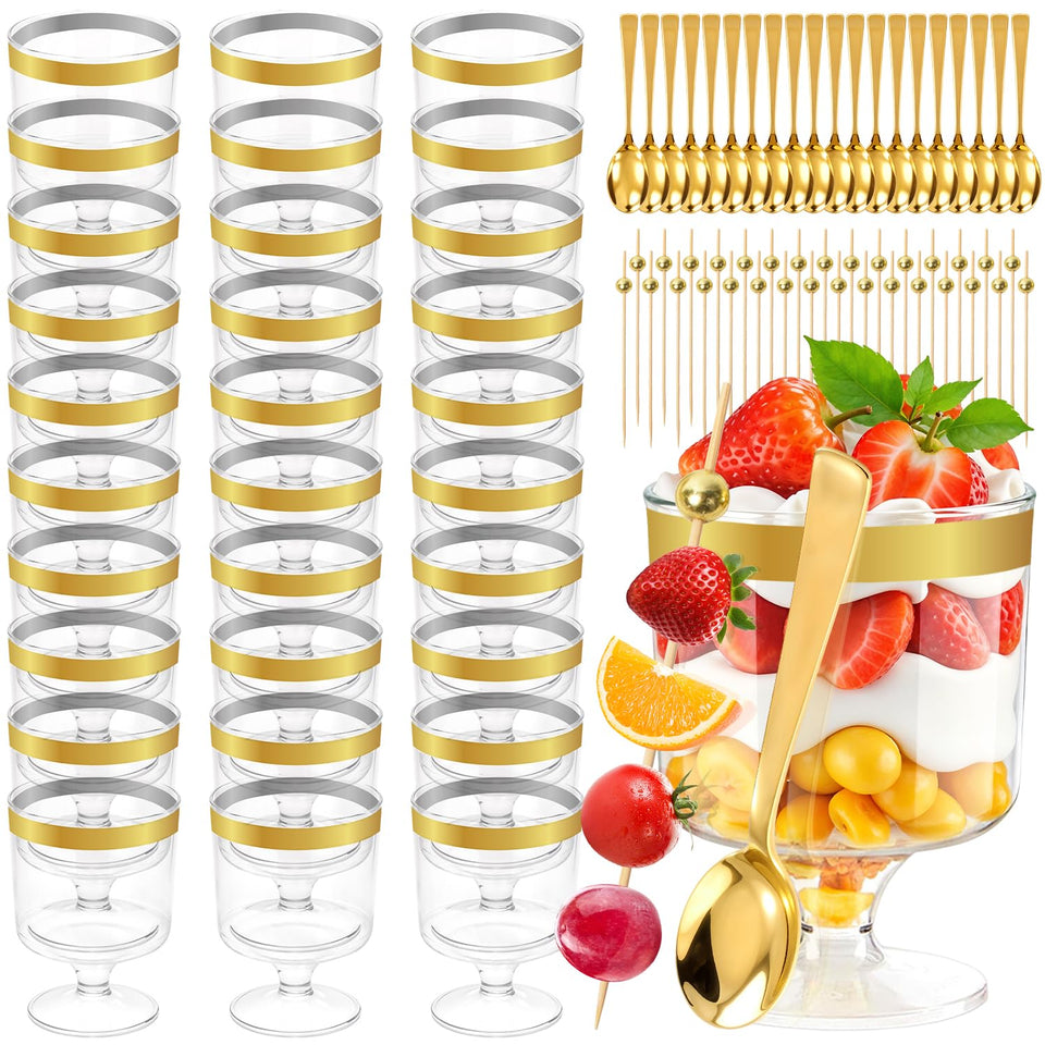 JIURUN 140pcs dessert cups with gold edge: elegant party presentation.
