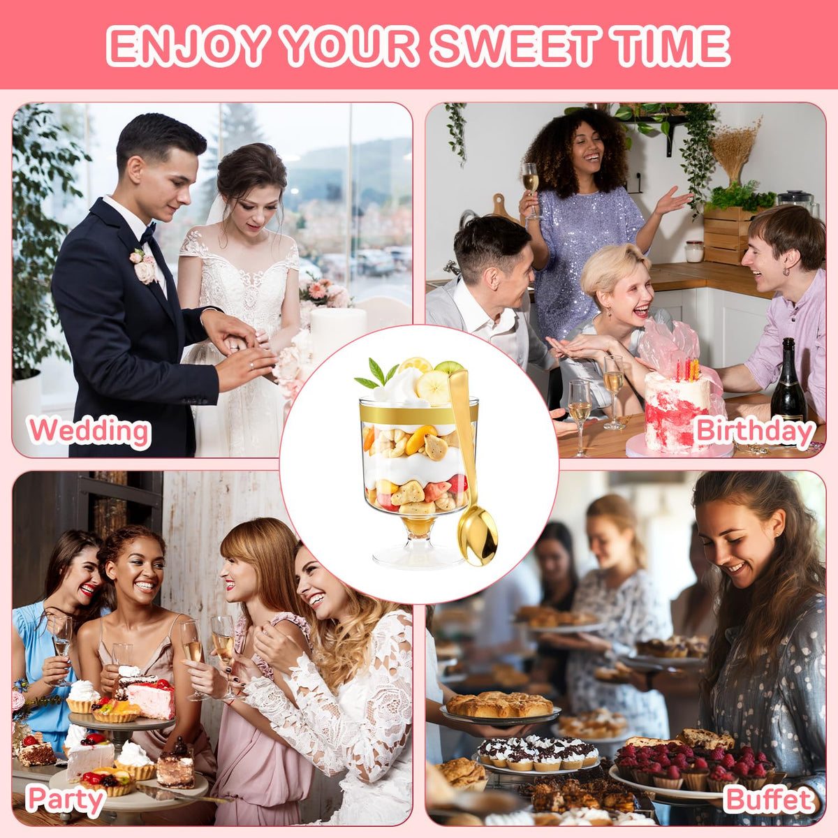 JIURUN gold-edged cups with spoons: ideal for weddings, parties, and tastings.