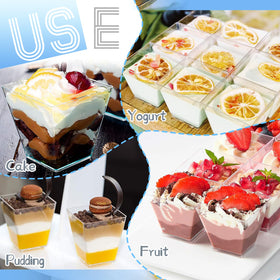 Filled Jizvxe square cups displaying desserts for easy serving.