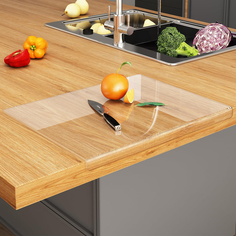 JJL acrylic cutting board with counter lip provides stable chopping on countertops.