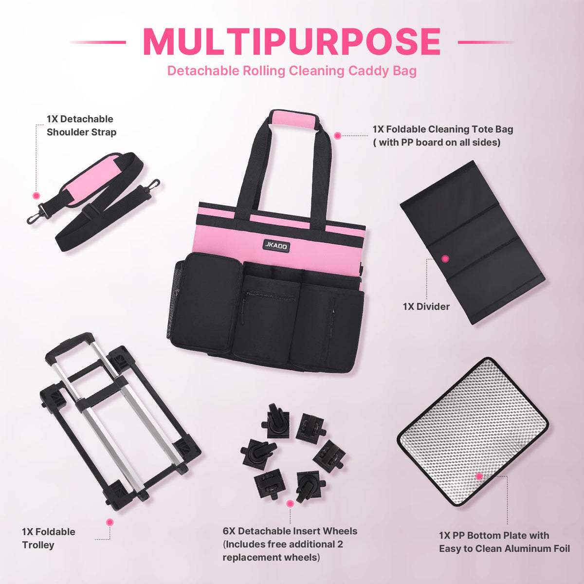 JKAOO cleaning caddy in use for home, office, or hotel housekeeping tasks.