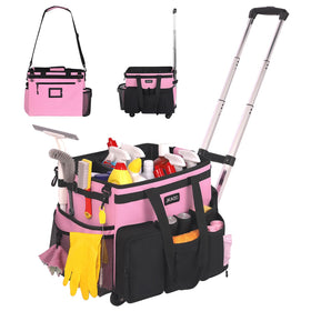 JKAOO large rolling cleaning caddy pink exterior for organized supplies on wheels.