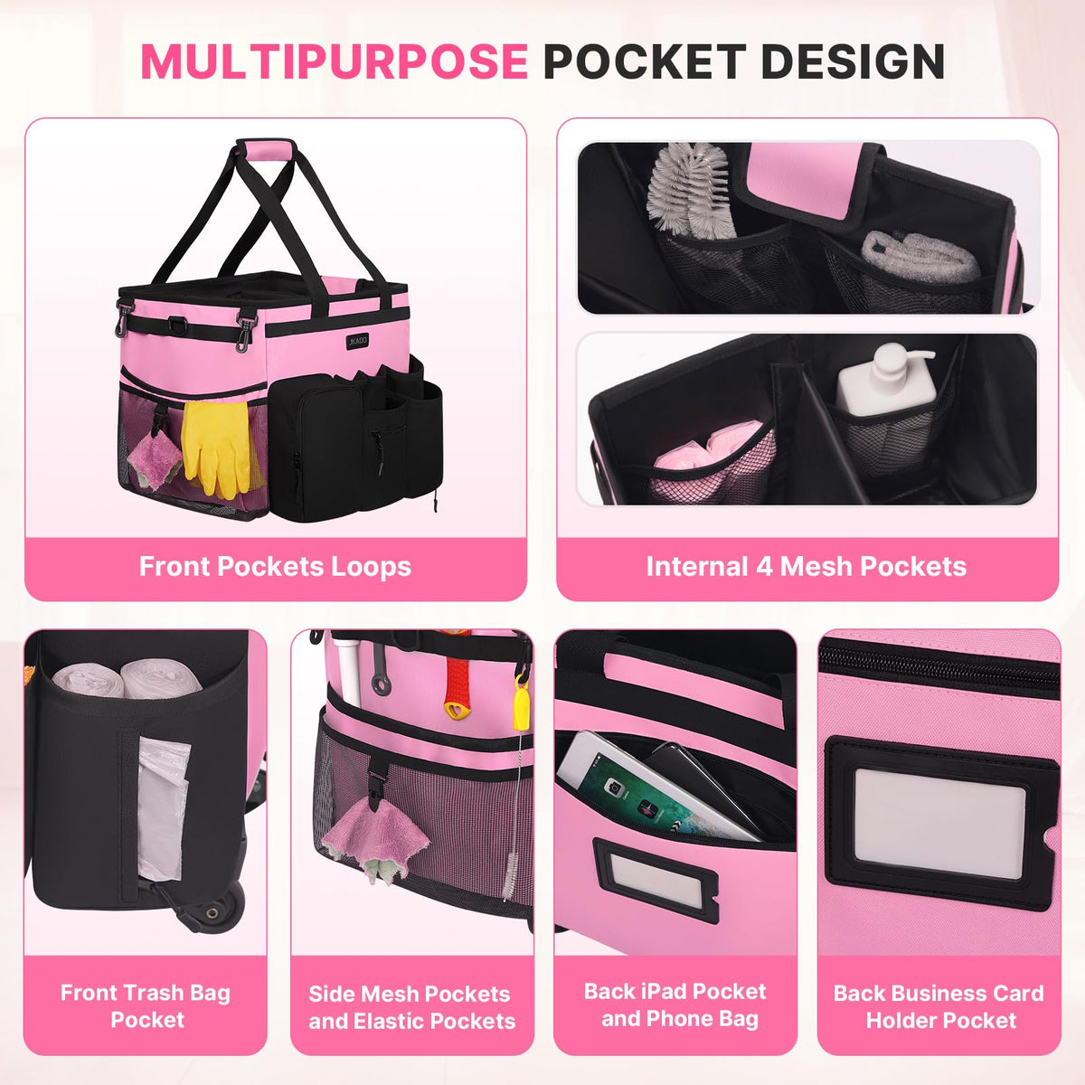 JKAOO outside compartments and mesh pockets keep items accessible during cleaning.