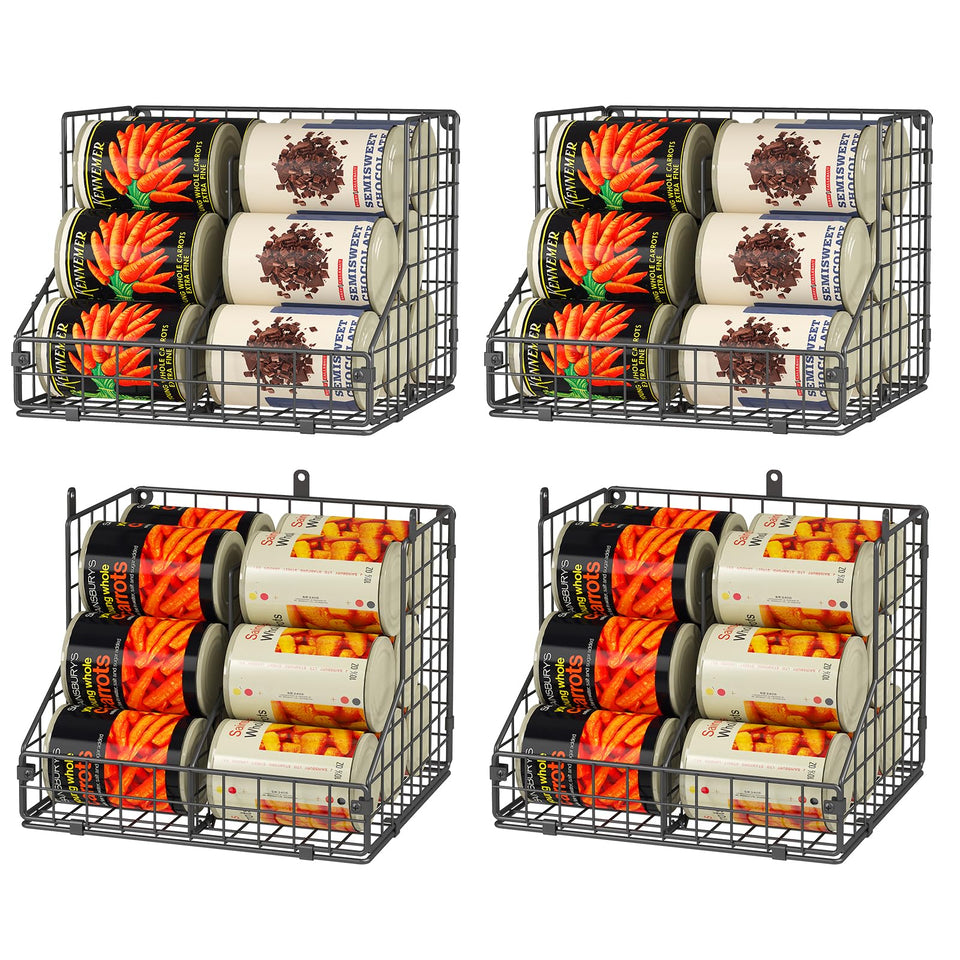 JKsmart 4-pack stackable can organizer on pantry shelf for compact can storage.