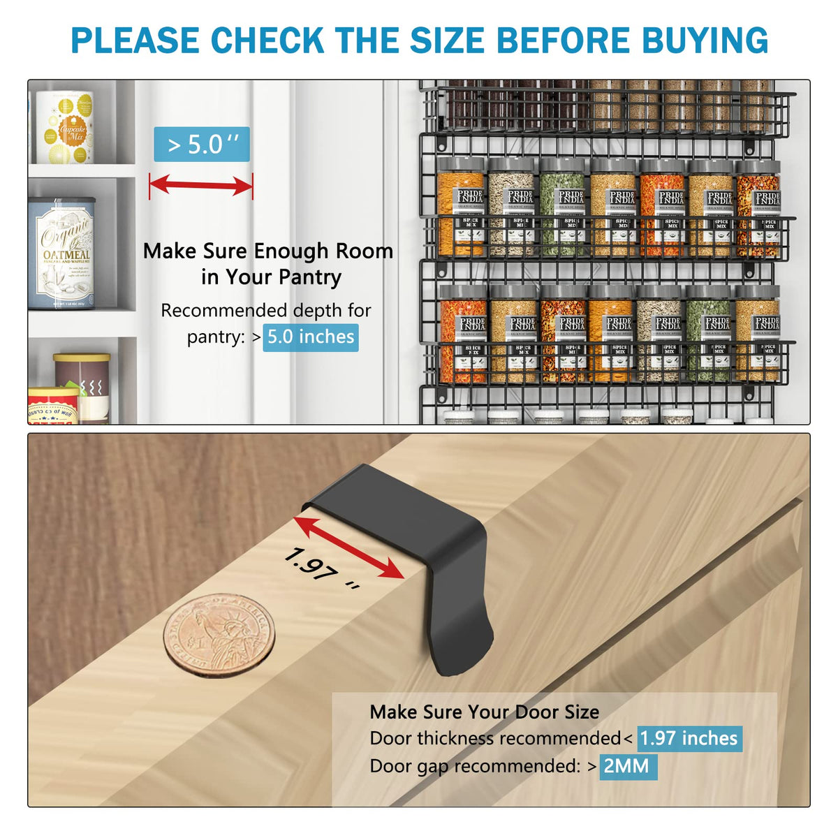 JKsmart over-the-door spice rack hook for pantry doors keeps jars within reach.