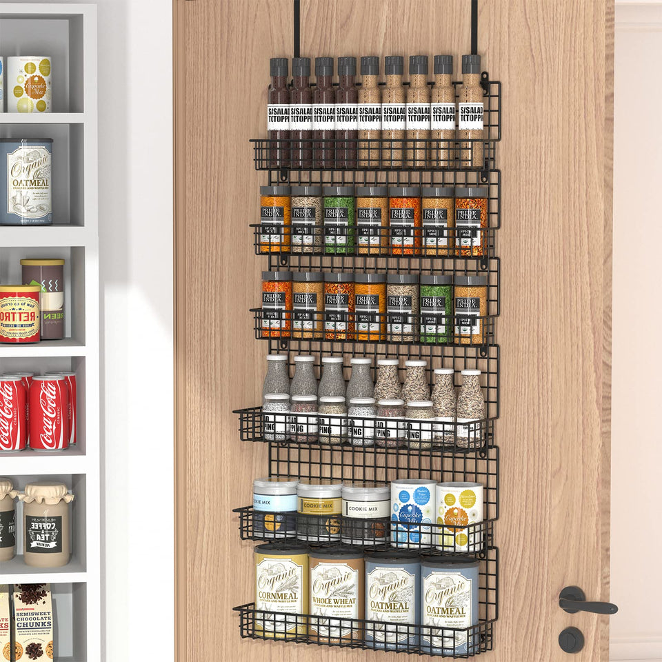 JKsmart 6-Tier Spice Rack wall mount shows organized spice jars, saving kitchen space and increasing accessibility.