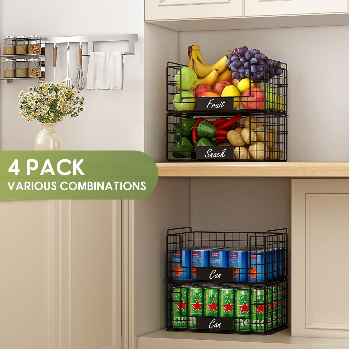 JKsmart kitchen bins organize fruits, vegetables, snacks and cans efficiently